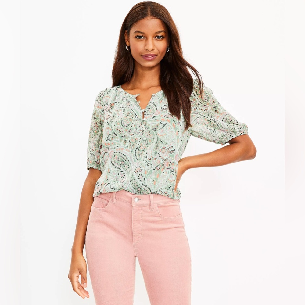 LOFT Paisley Henley Puff Sleeve Top size Large Style #597045
